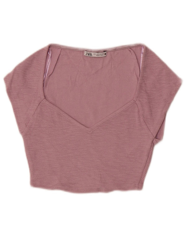 Zara Dame Crop Bluse Top UK 8 Lille Lilla Bomuld