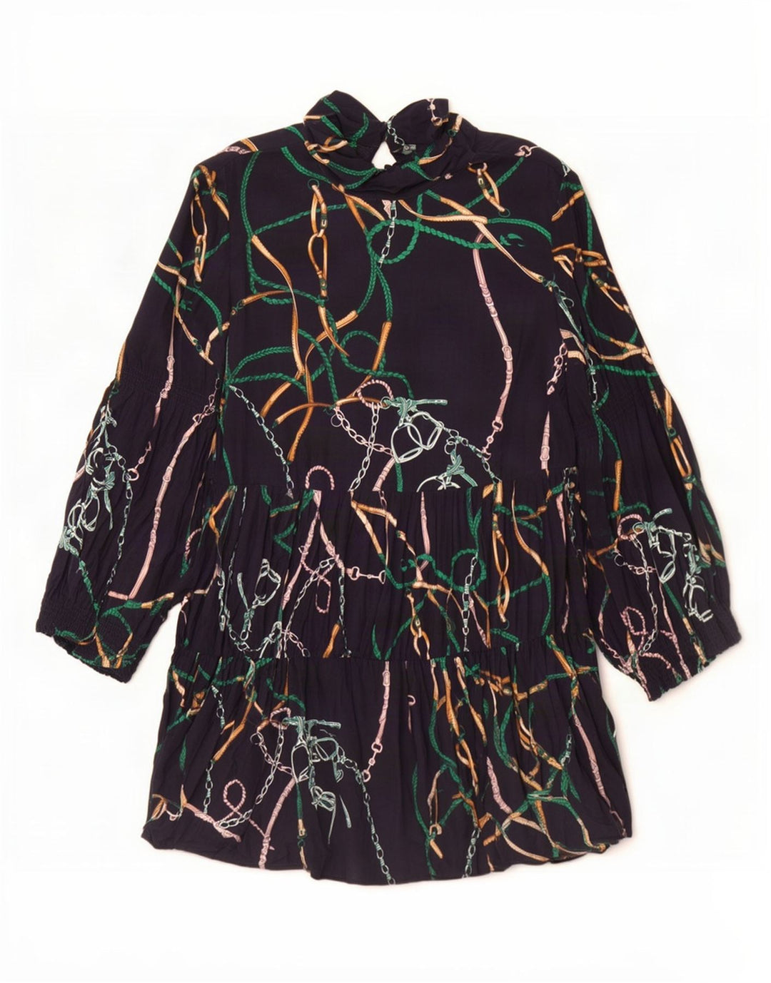 Zara Dame Abstrakt Mønster Langærmet Tiered Kjole UK 16 Large Navy Blue