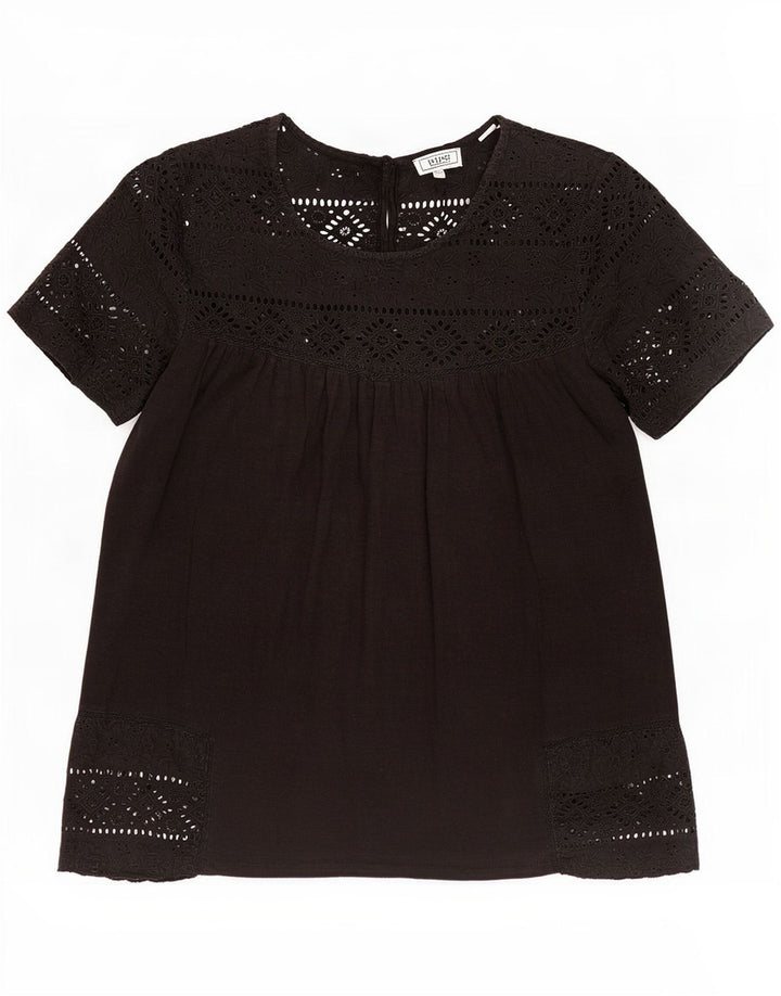 Fat Face Dame Bluse Top UK 10 Small Black Floral Bomuld