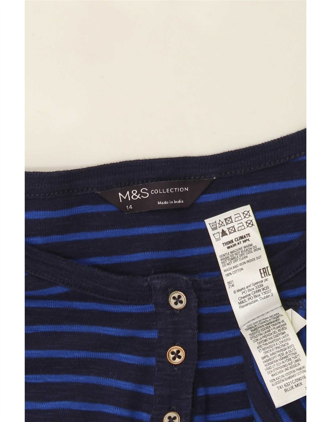 Marks & Spencer Dametop Langærmet UK 14 Mellem marineblå stribet
