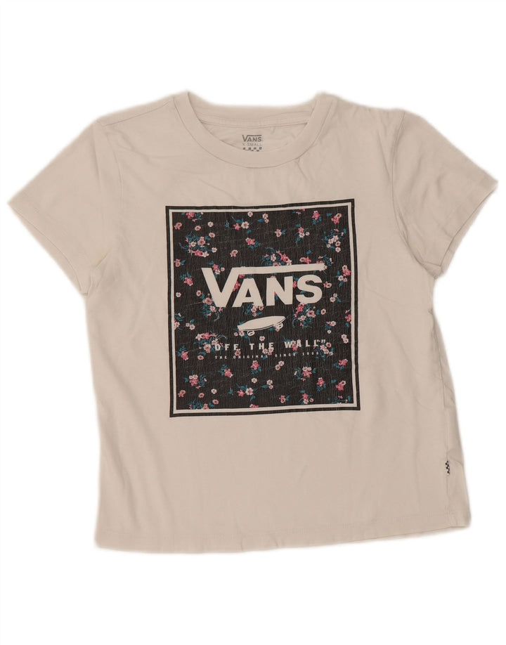 VANS Dame Crop Grafisk T-Shirt Top UK 6 XS Hvid Bomuld