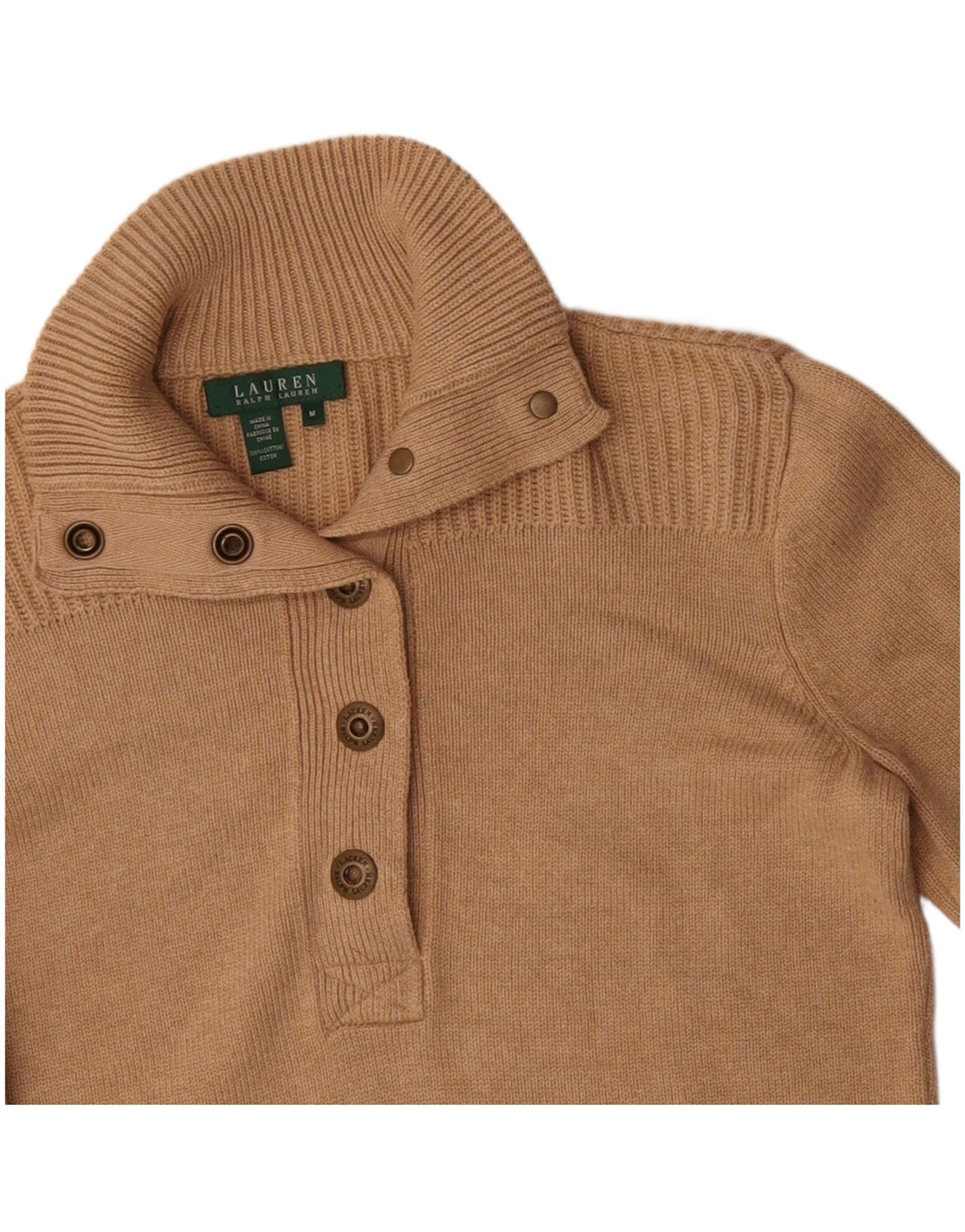 Ralph Lauren Dame Button Neck Jumper Sweater UK 12 Medium Beige Bomuld