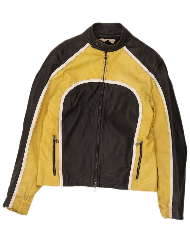 VINTAGE Herre Læder Racer Jakke IT 48 Medium Sort Colourblock Læder