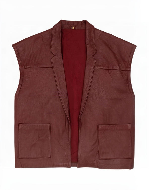 Vintage Womens Oversized Open Leather Gilet UK 10 Small Brown