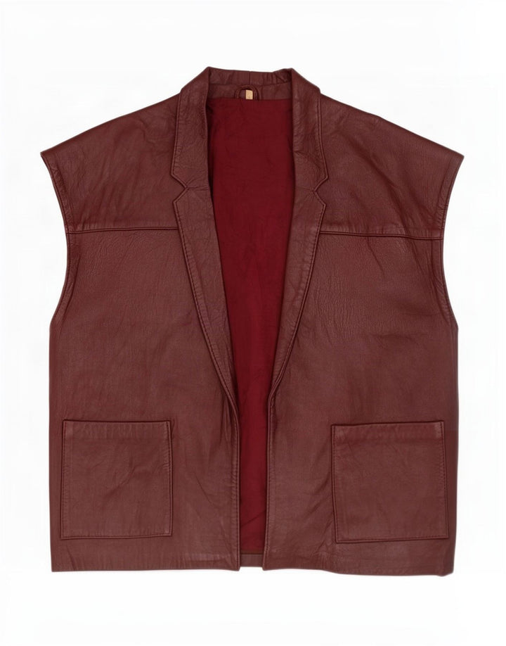 Vintage Dame Oversized Åben Læder Gilet UK 10 Lille Brun