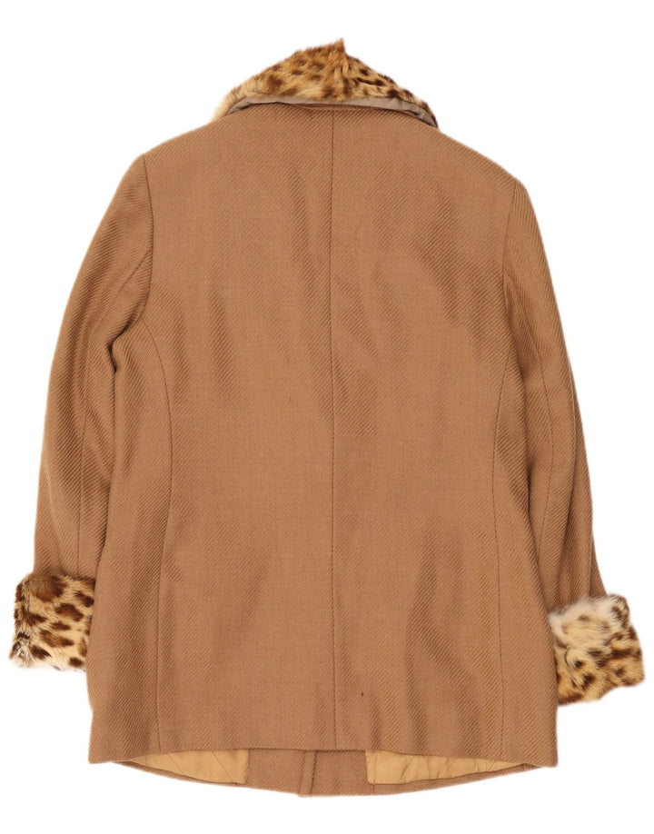 Vintage kort overfrakke til kvinder UK 14 Medium Beige Animal Print
