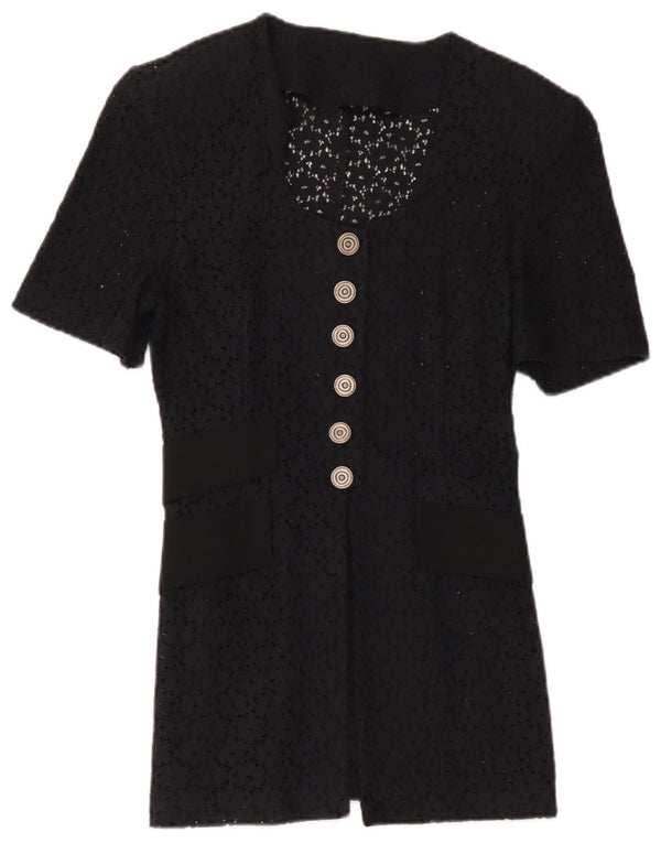 Vintage Womens See Through Cardigan Top UK 12 Medium Navy Blue Floral