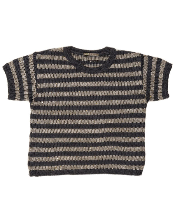 Marks & Spencer Dame Boat Neck Jumper Sweater UK 12 Medium Grå Stribet