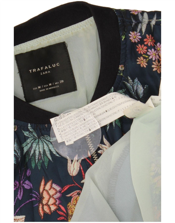 Zara Dame Trafaluc Graphic Bomber Jacket UK 14 Medium Navy Blue Floral