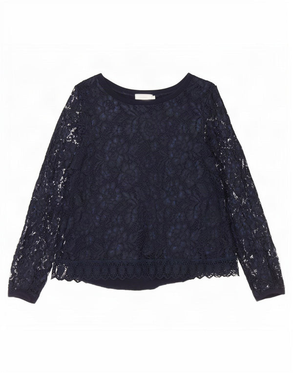 Vintage Dame Langærmet Blonde Bluse Top EU 40 Medium Navy Blue Floral