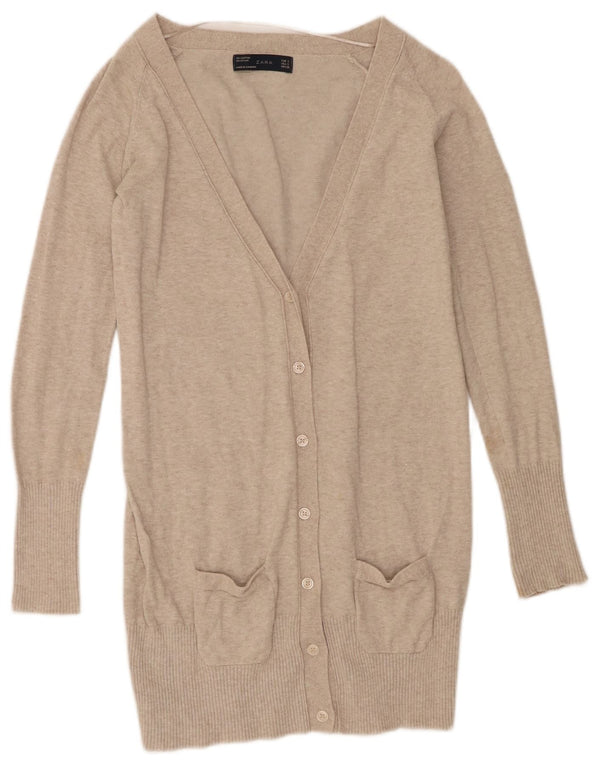 Zara Womens Longline Cardigan Sweater UK 10 Small Beige Flecked Bomuld