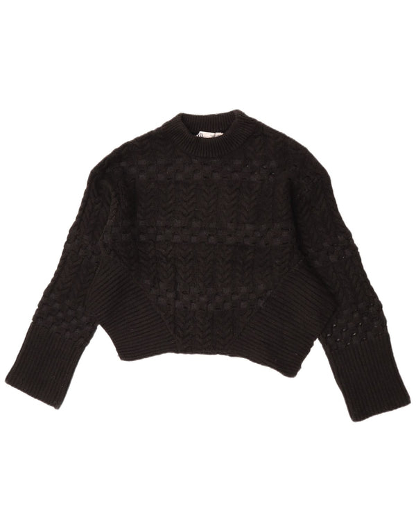 Zara Womens Crop Crew Neck Jumper Sweater UK 10 Small Black Geometric