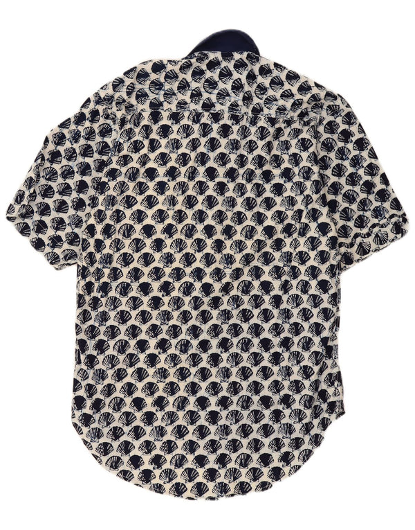 Vintage Mens Abstract Pattern Short Sleeve Shirt Large Navy Blue Cotton