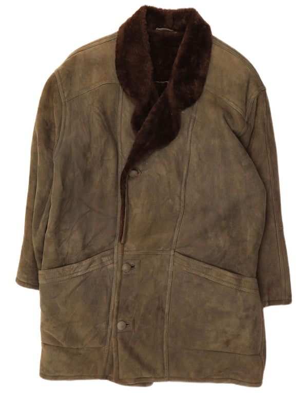 VINTAGE Mens Loose Fit Shearling Overcoat UK 36 Small Khaki