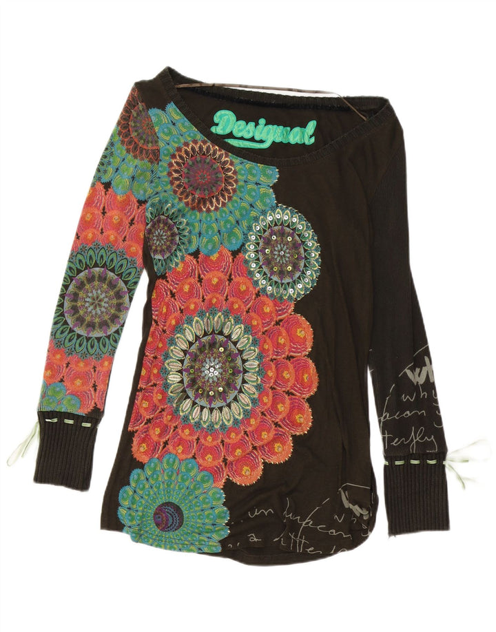 DESIGUAL Dame Grafisk Top Langærmet UK 10 Small Brown Floral Bomuld