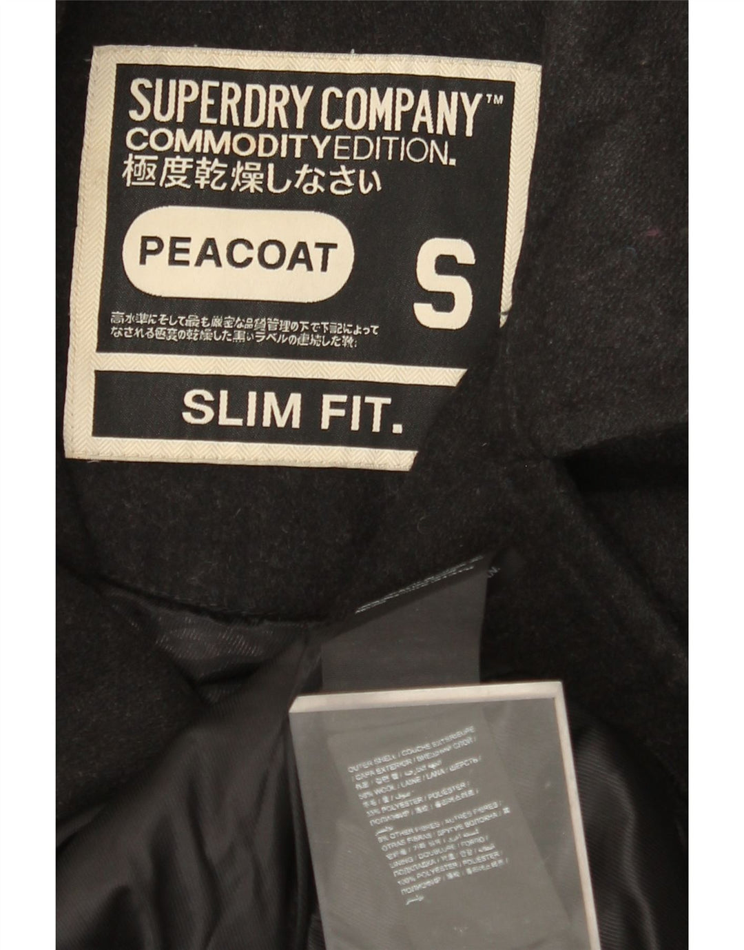 SUPERDRY Herre Slim Fit Pea Coat UK 36 Small Black Wool