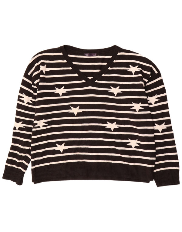 Marks & Spencer Dame V-hals sweater UK 22 3XL Sort Stribet