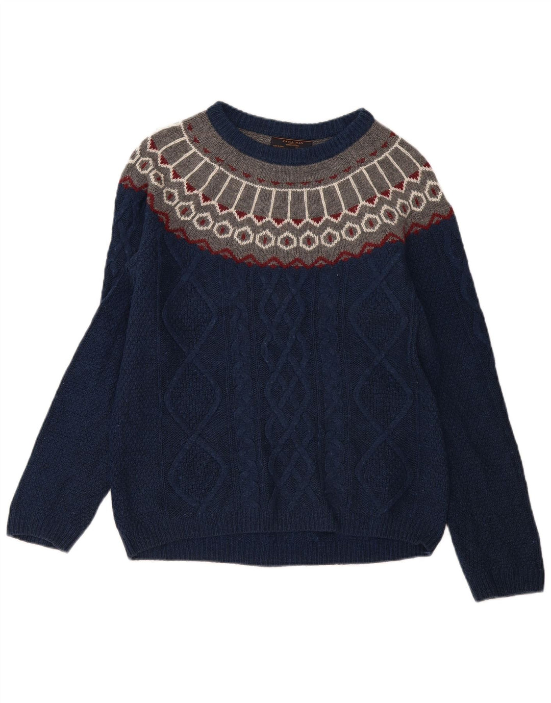 Zara Herre Boat Neck Jumper Sweater Medium Navy Blue Fair Isle
