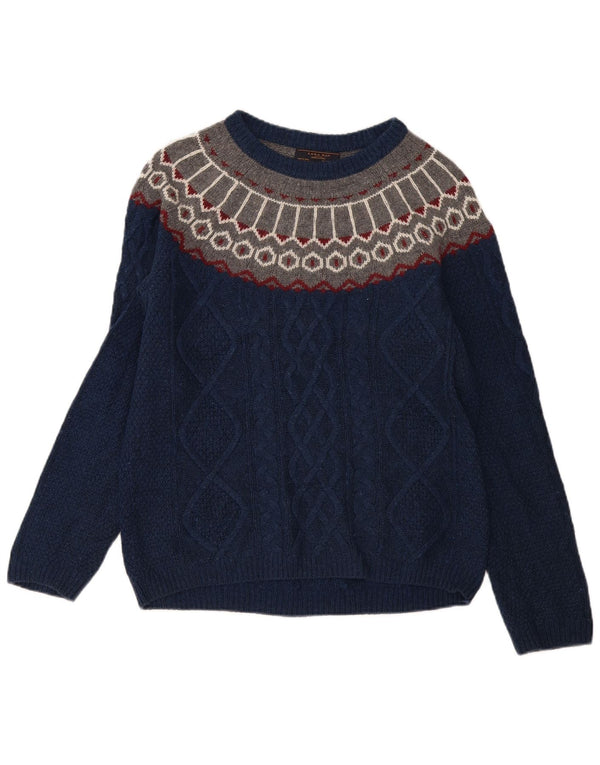 Zara Herre Boat Neck Jumper Sweater Medium Navy Blue Fair Isle