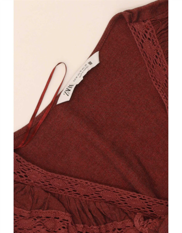 Zara Dame Flæse Front Langærmet Bluse Top UK 12 Medium Maroon