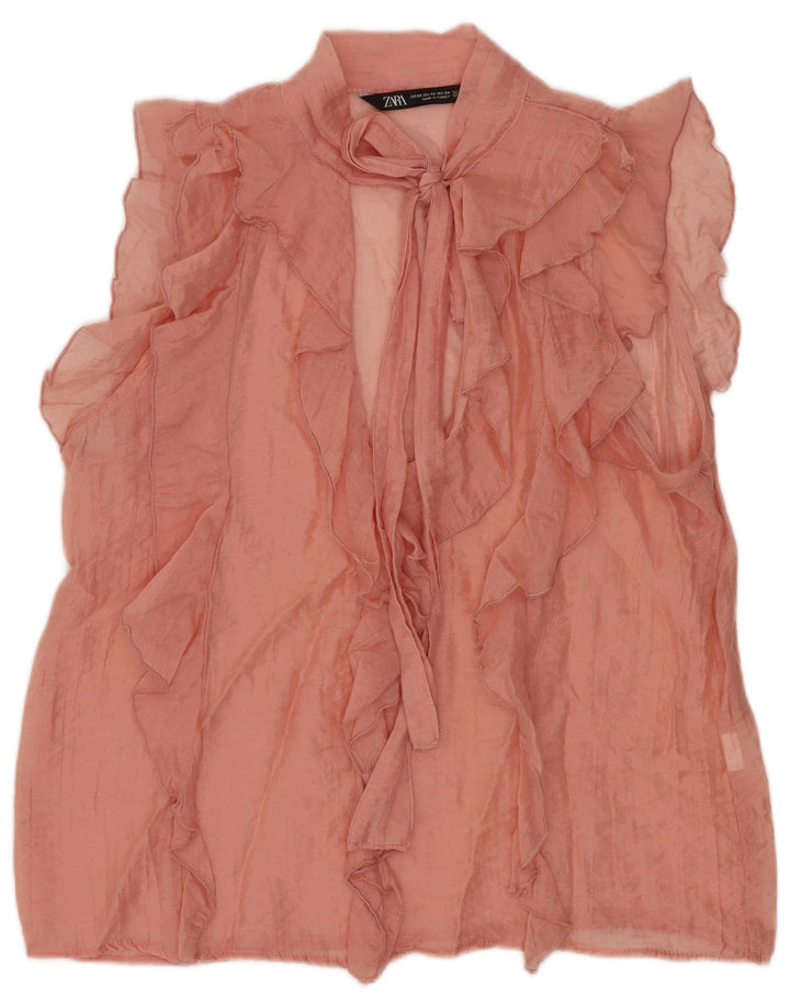 Zara Womens Oversized ærmeløs flæse foran bluse Top UK 6 XS Pink