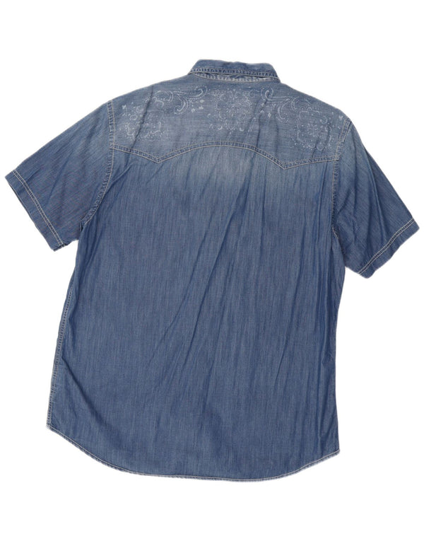 Marlboro Classics Herre Slim Fit Kortærmet Denim Shirt 3XL Blå Paisley