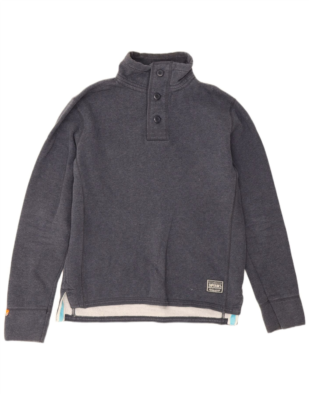 Superdry Herre Button Neck Sweatshirt Jumper Large Navy Blue Bomuld