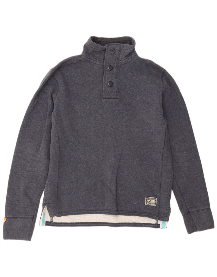 Superdry Herre Button Neck Sweatshirt Jumper Large Navy Blue Bomuld