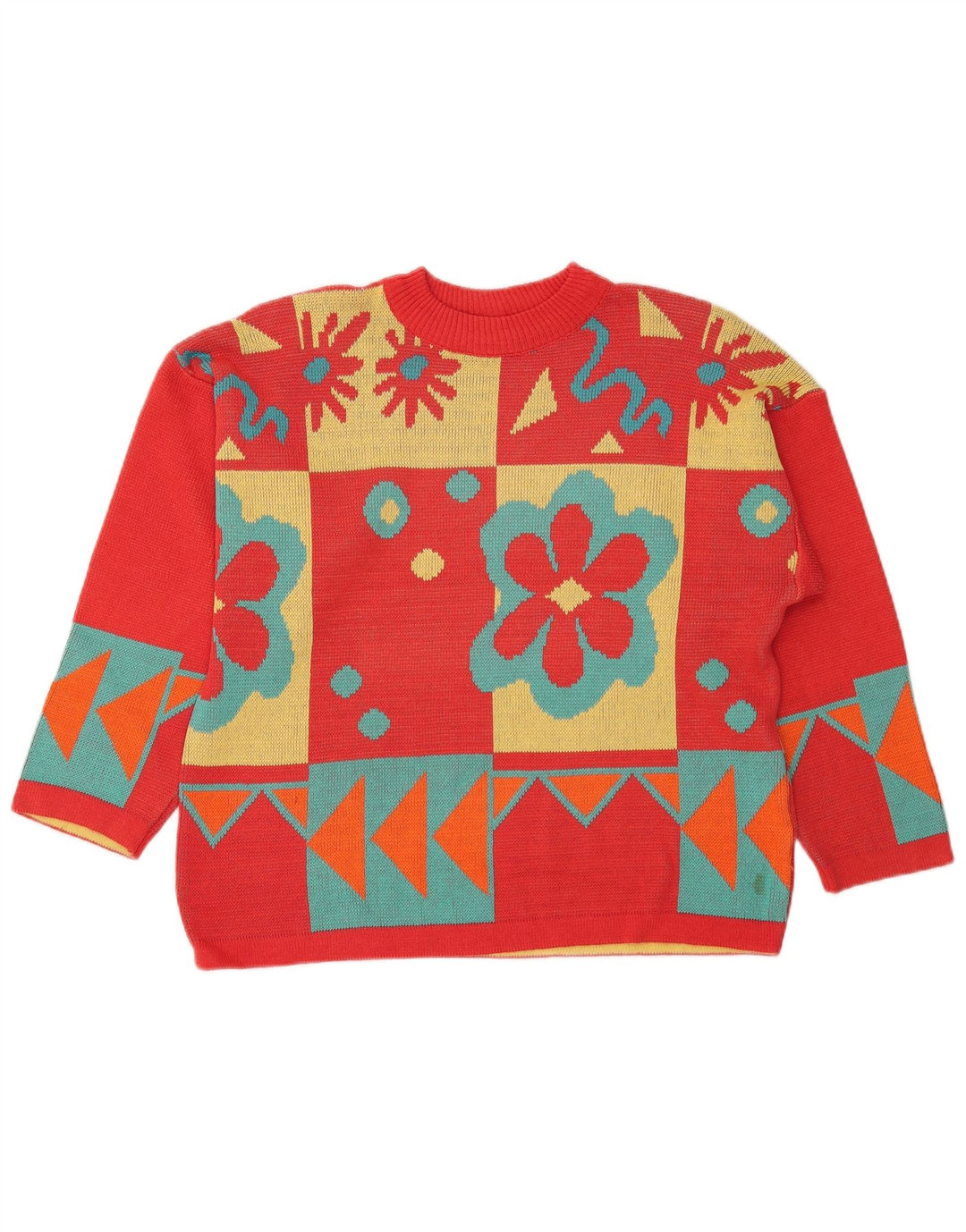Vintage dame sweater med rund hals DK 14 Medium rød geometrisk