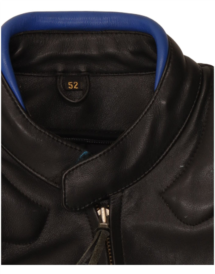 VINTAGE Herre Læder Racer Jakke IT 52 XL Sort Colourblock Læder