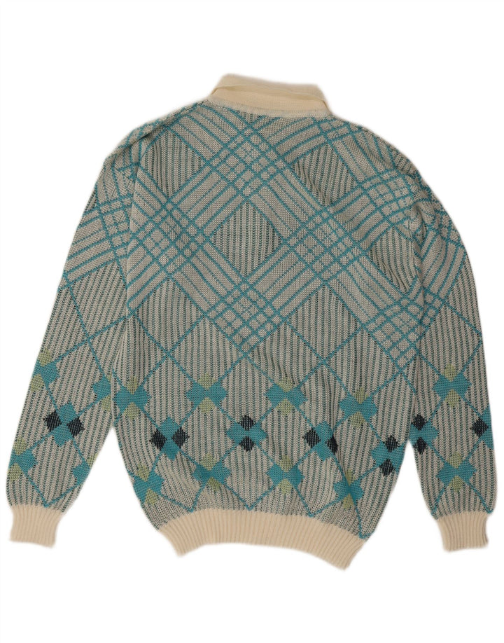 Vintage herre polo hals sweater medium blå geometrisk