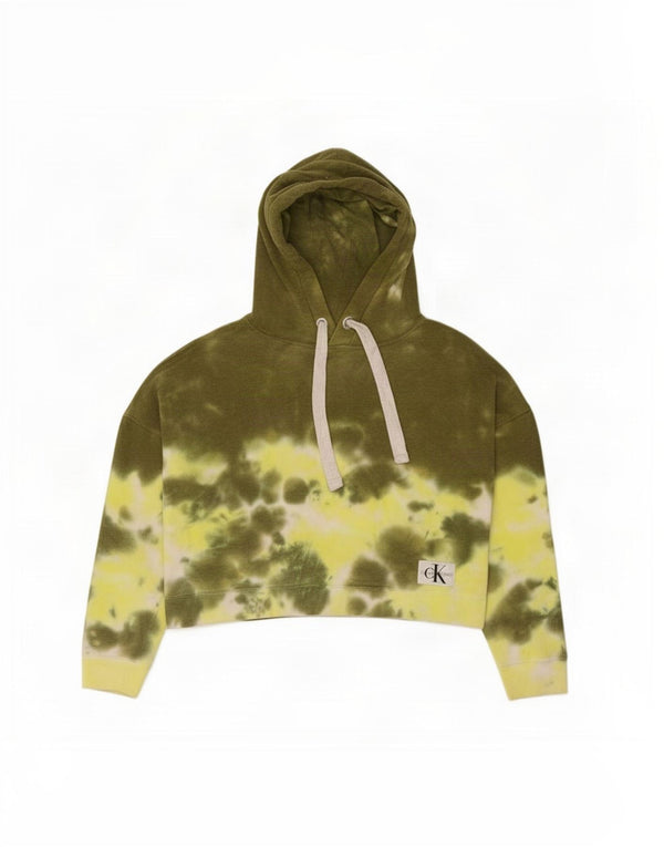 Calvin Klein Jeans Dame Crop Hoodie Jumper UK 12 Medium Green Tie Dye