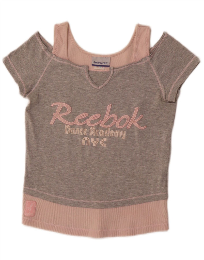 REEBOK Womens Crop Graphic T-Shirt Top UK 10 Small Grey Colourblock Cotton Vintage Reebok and Second-Hand Reebok from Messina Hembry 
