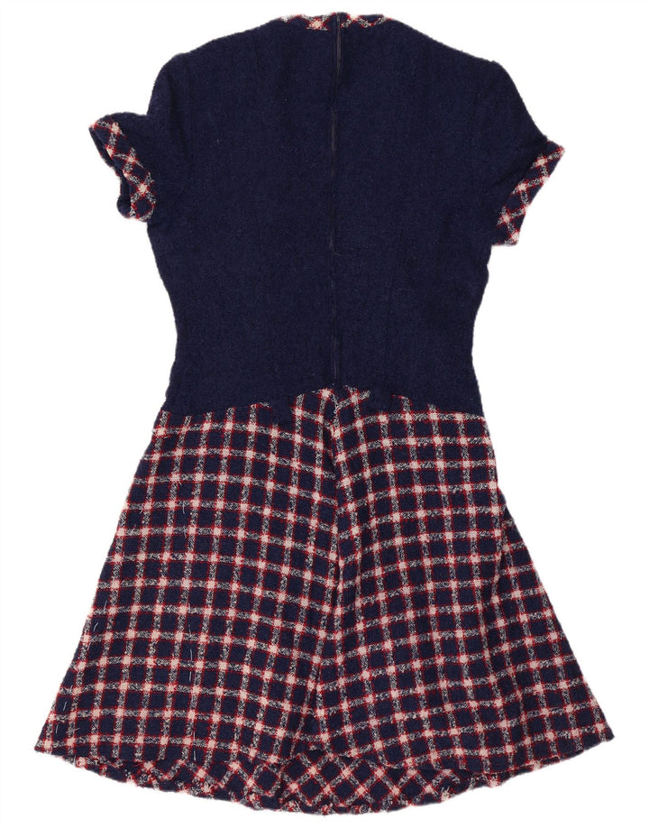 VINTAGE Dame A-Line Kjole UK 12 Medium Navy Blue Check