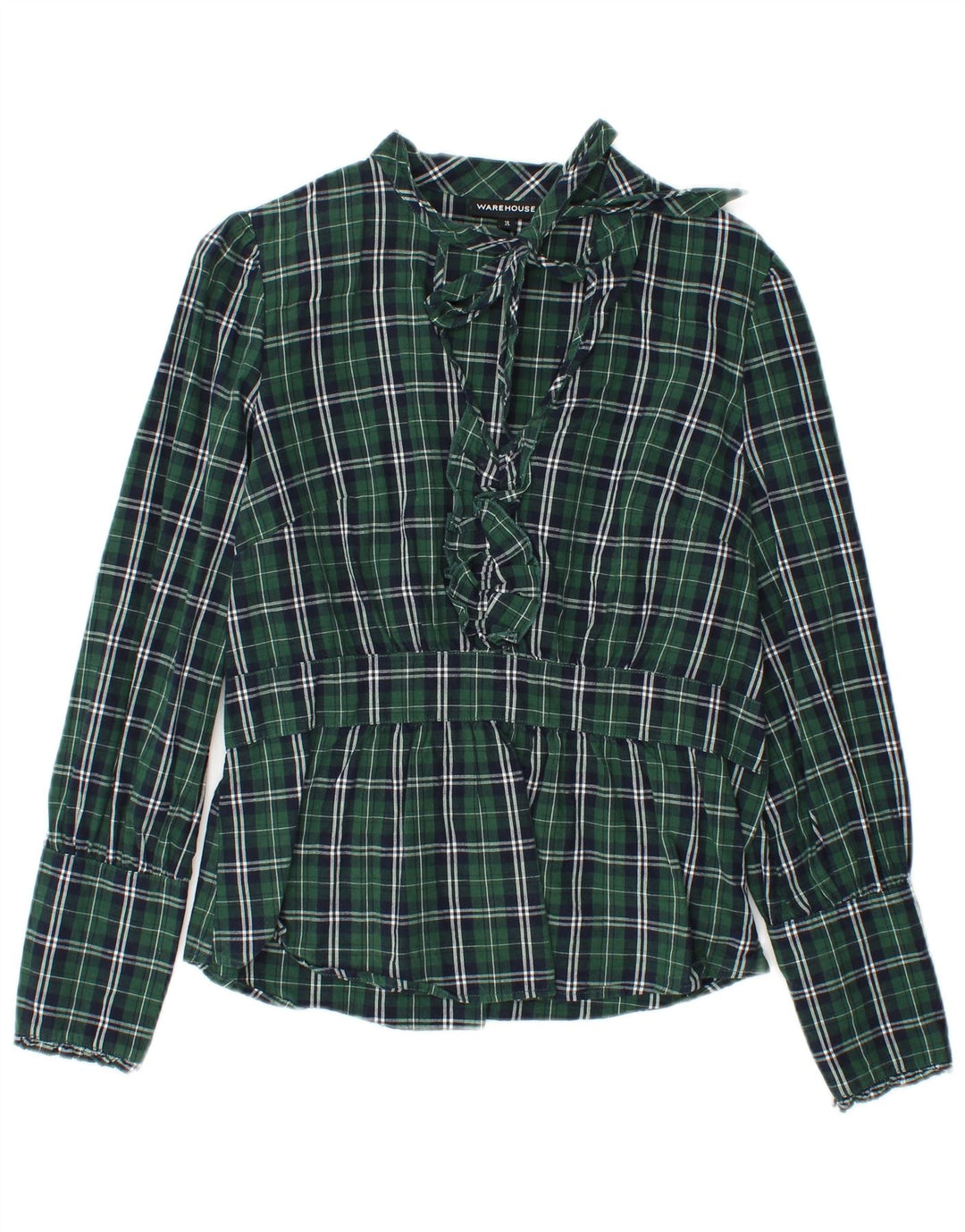 WAREHOUSE Dame Langærmet Bluse Top UK 12 Medium Green Check