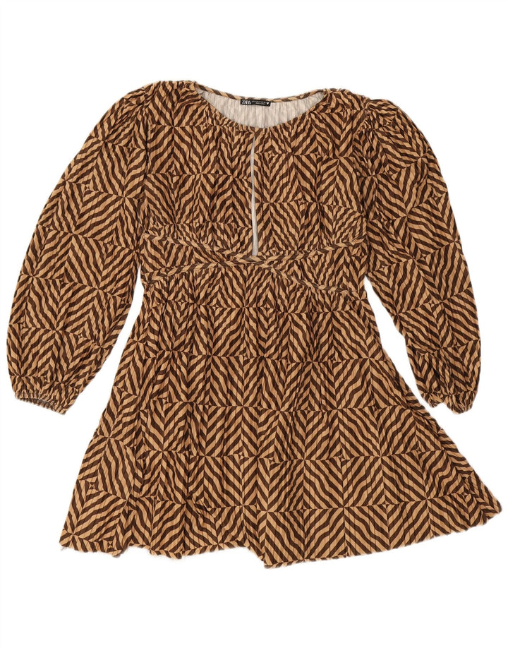 Zara Dame Langærmet A-Line Kjole UK 14 Medium Brun Stribet Polyester