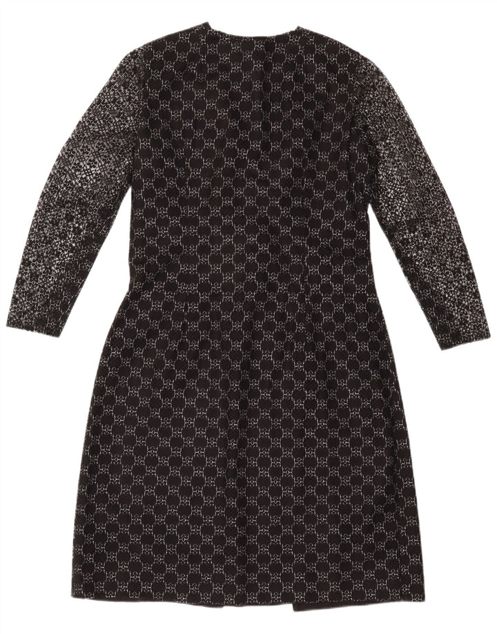 Vintage Dame Langærmet Skede Kjole UK 12 Medium Sort Geometrisk