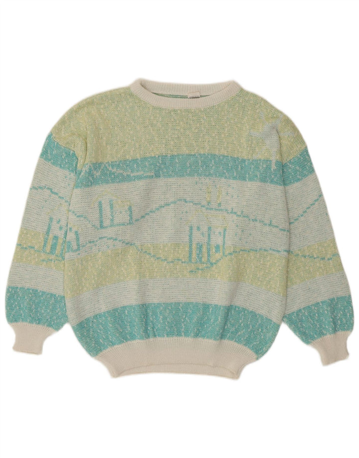 VINTAGE Dame Boat Neck Jumper Sweater UK 16 Stor Flerfarvet Stribet