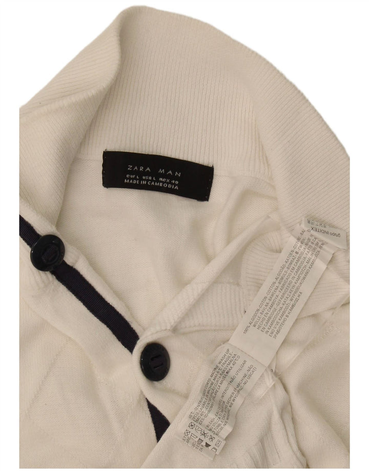 Zara Herre Cardigan Sweater Stor Hvid Bomuld