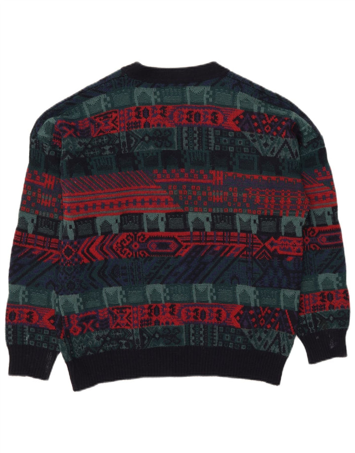 Vintage herre cardigan sweater IT 52 Stor flerfarvet geometrisk uld