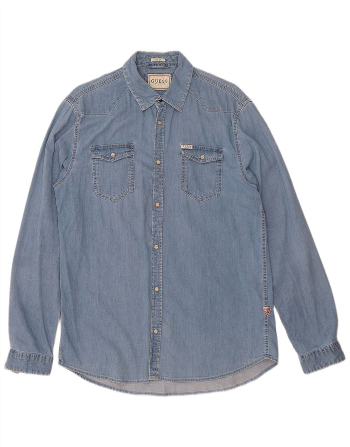 Guess Herre Slim Fit Denim Shirt Medium Blue Bomuld