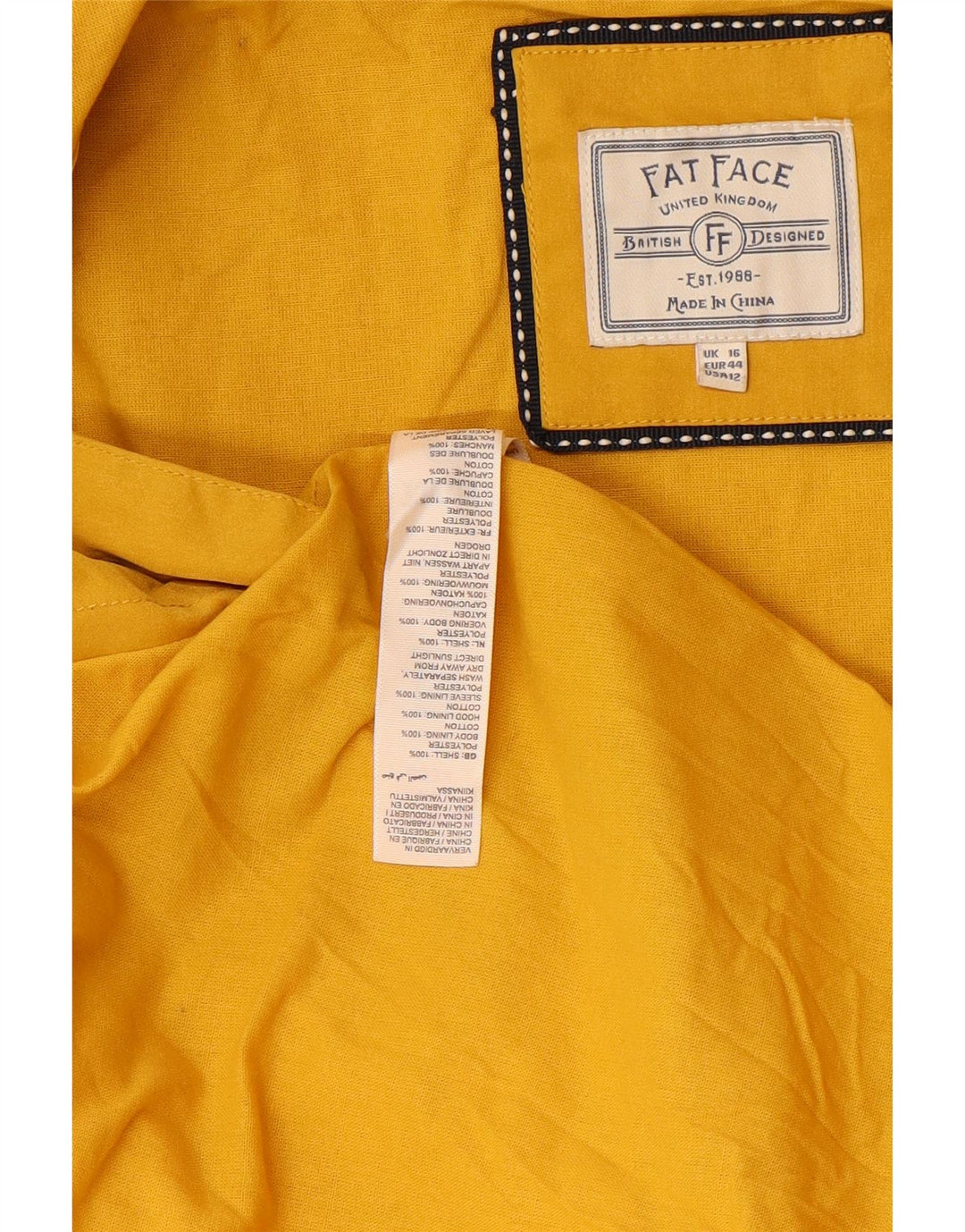 FAT FACE Dame Oversized Hætte Regnfrakke UK 16 Stor Gul Polyester