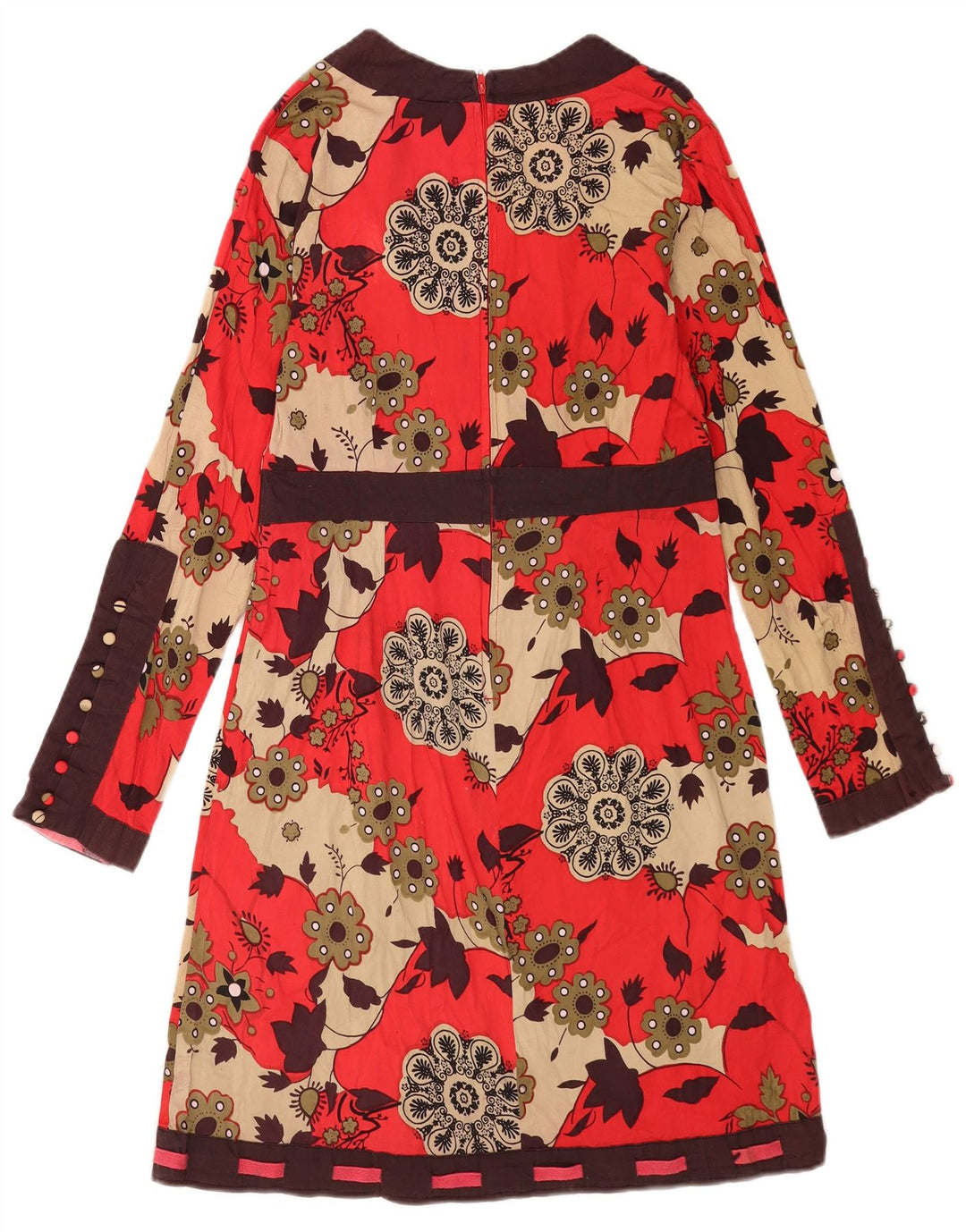 Vintage Dame Langærmet Basic Kjole UK 12 Medium Rød Blomster Bomuld