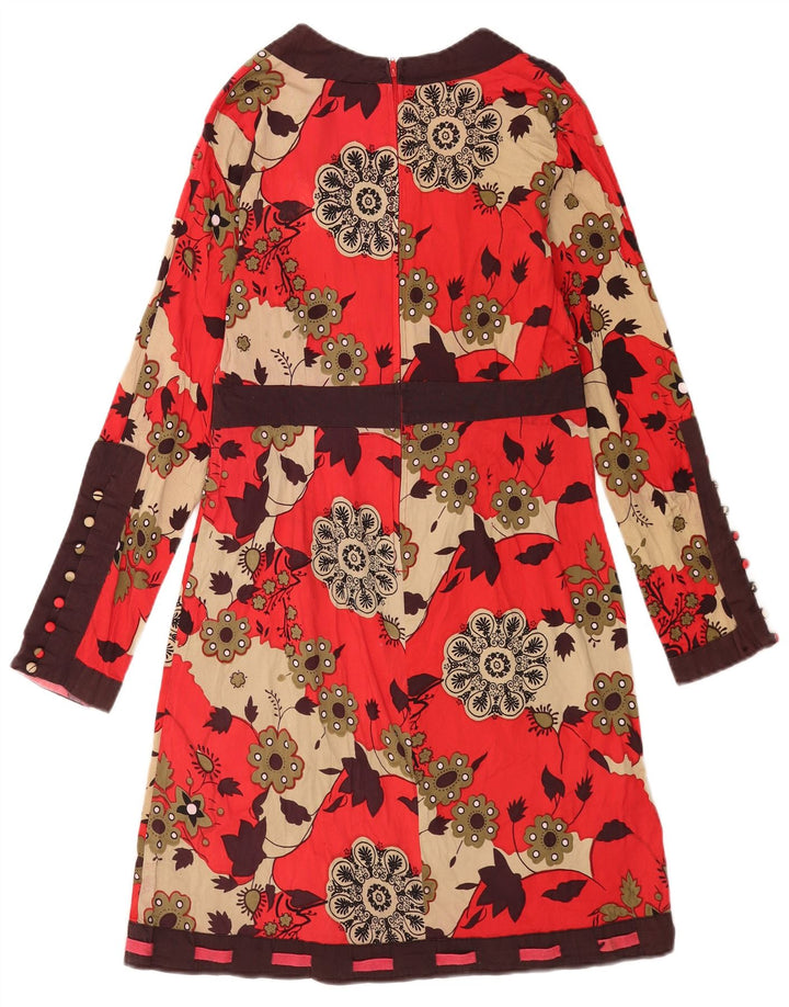 Vintage Dame Langærmet Basic Kjole UK 12 Medium Rød Blomster Bomuld