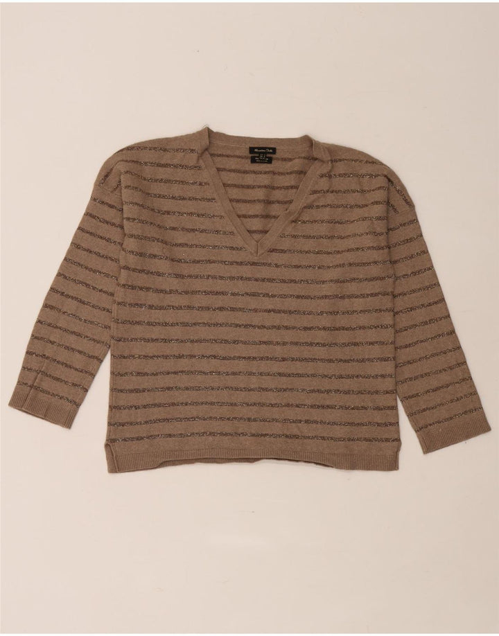 Massimo Dutti Dame V-hals Jumper Sweater UK 10 Lille Brun Stribet