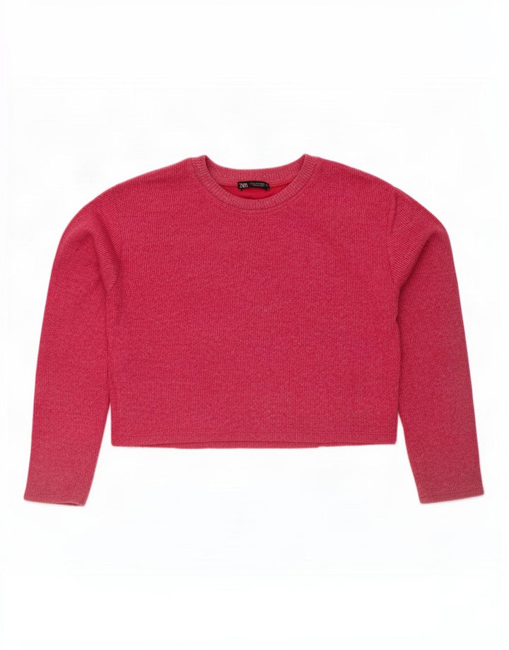 Zara Womens Crop Oversized Top Langærmet UK 10 Small Pink Bomuld