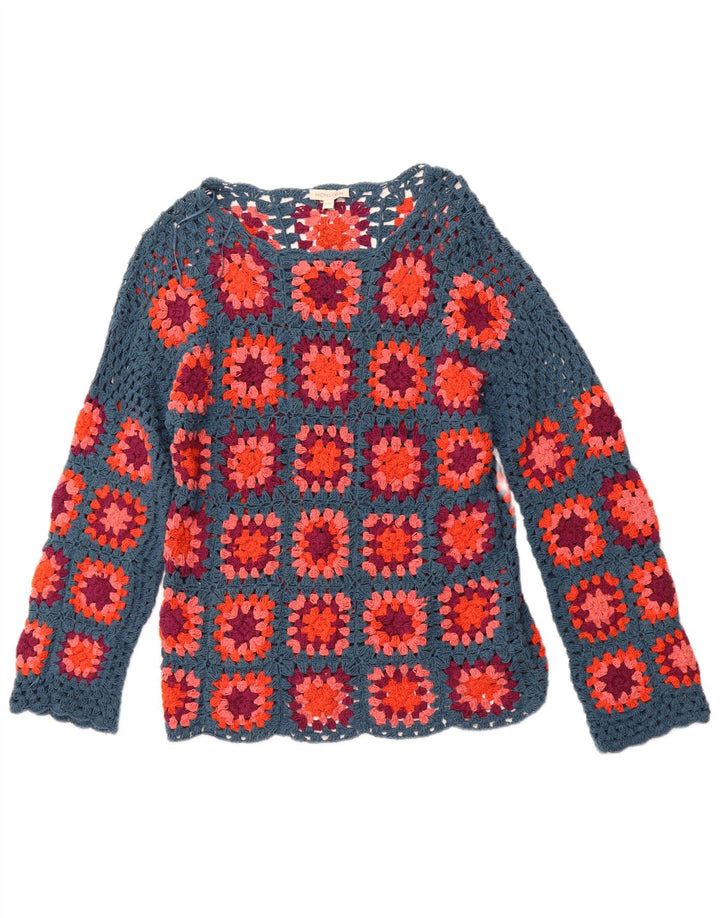 MONSOON Dame hæklet bådhals sweater UK 10 Small Blue Check