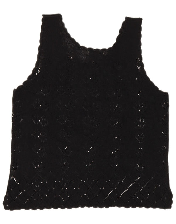 Vintage kvinders ærmeløs hæklet bluse Top UK 18 XL sort bomuld