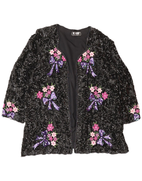 Vintage Dame Paillet Cardigan Top UK 24 4XL Sort Blomster Silke