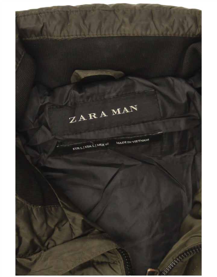 Zara Herre hættepolstret jakke UK 40 Stor Khaki Nylon